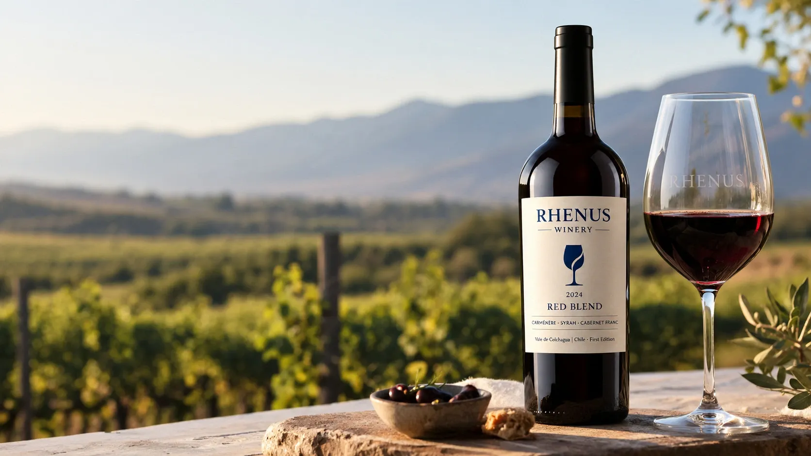 Botella y copa de vino Rhenus sobre un muro de piedra, con pan, aceitunas y los viñedos de Colchagua al fondo