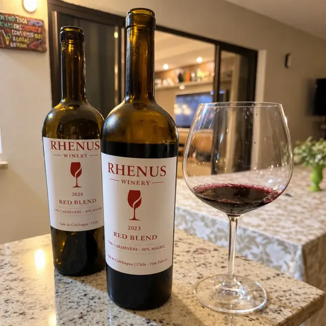 Dos botellas de Rhenus Red Blend, cosechas 2023 y 2024, junto a una copa de vino tinto